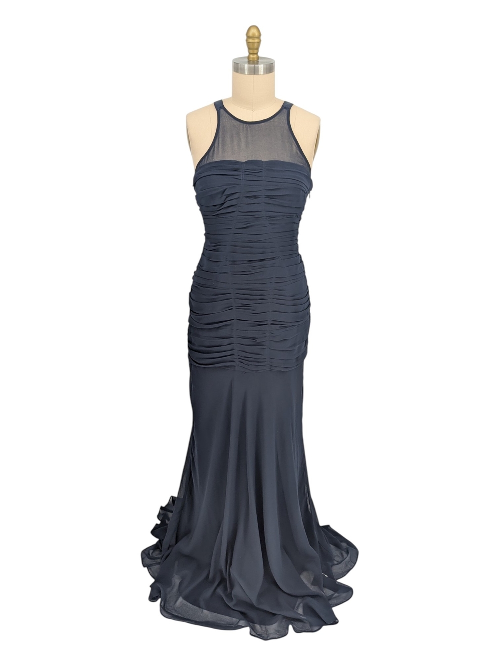 00973 Halston Ruched Chiffon Mermaid Maxi Dress Dark Blue size 14 evening formal